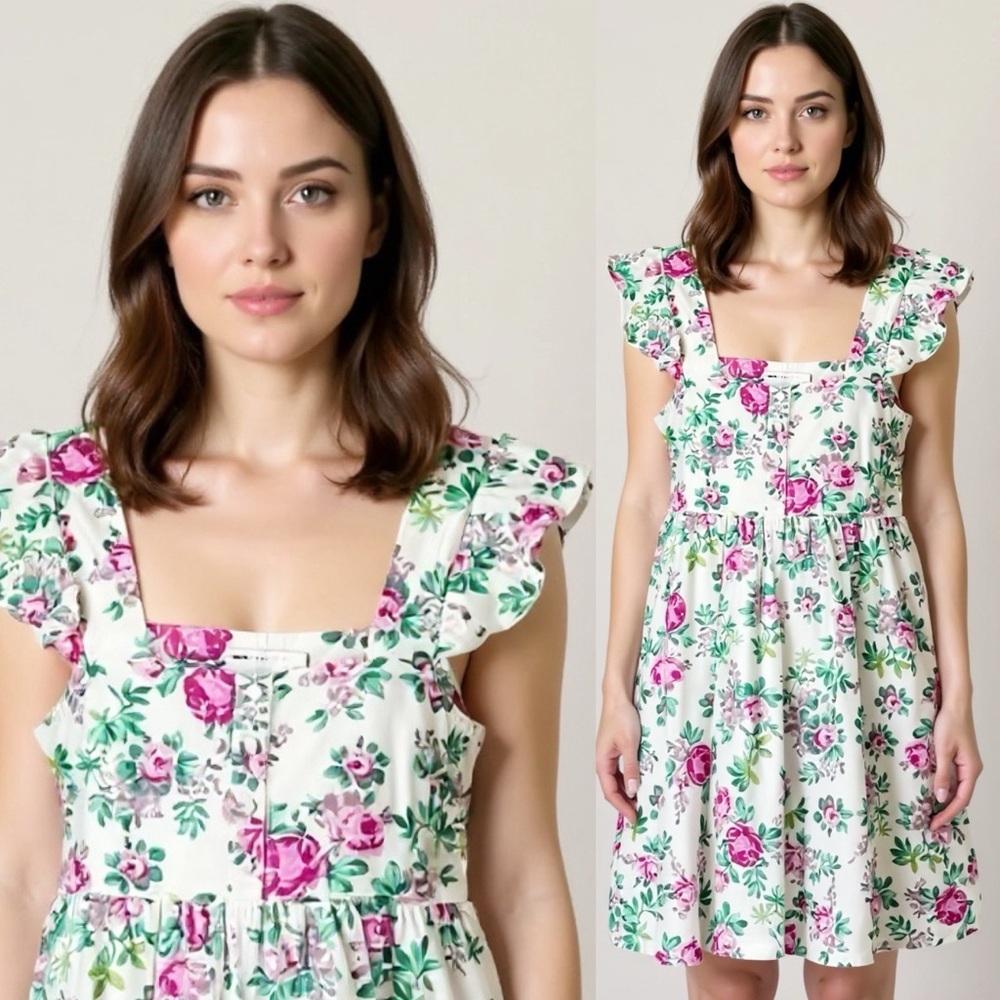 ASOS Floral Cottagecore Linen Blend Bohemian Dress Ruffle Mini Dress Size 2